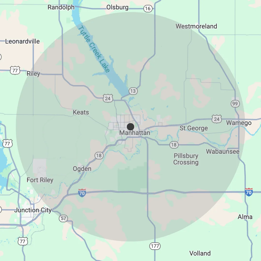 Map showing the service radius around Manhattan, Kansas, reaching Wamego, St. George, Riley, and Junction City