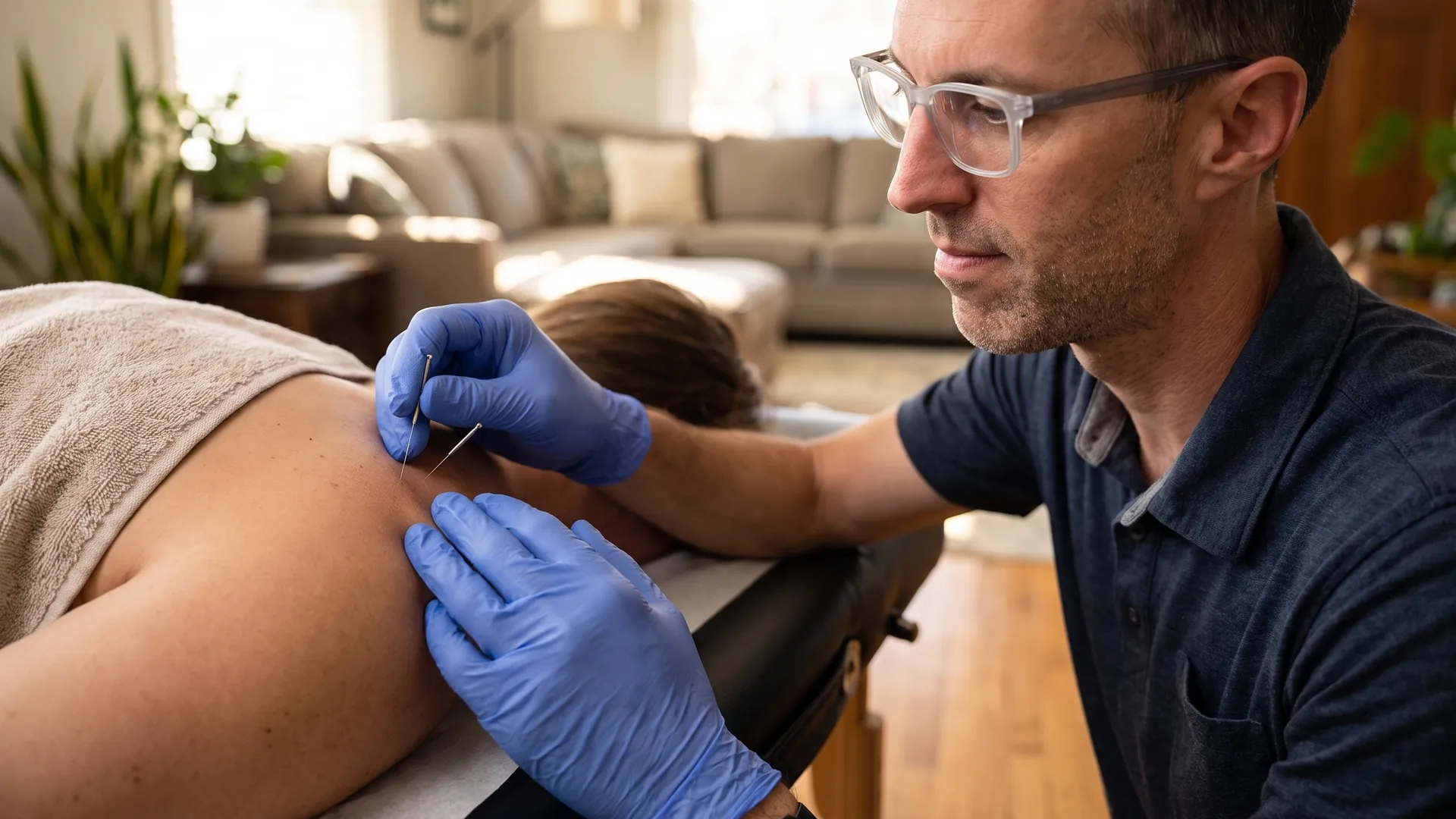 A physical therapist placing a fine dry needle into a client's shoulder during a home visit