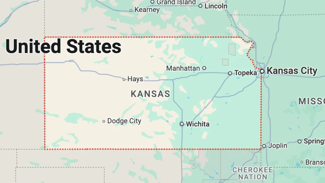 Map of Kansas with Manhattan marked, showing the statewide area virtual physical therapy is available in